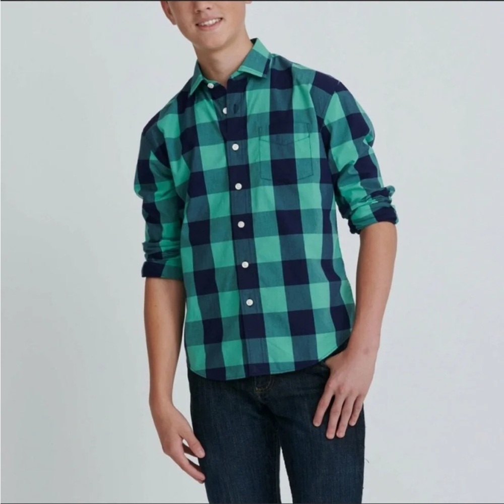 UNTUCKit Boys Green and Navy Buffalo Plaid Button Down Shirt